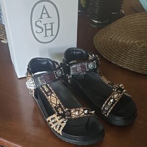 Ash Women's Black and Tan Embellished Sandals